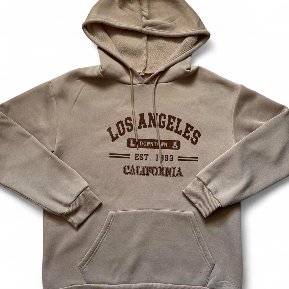 Unisex Los Angeles Tan/Brown Hoodie Light Cotton Sweater Size Large. Fits Mens S